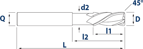 Fraise 4 dents - HB - Hélice pas variable - Inox titane - cut - schema
