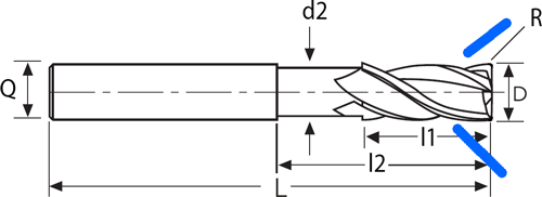 Fraise carbure toric 4 dents usinage matériaux non ferreux avec trou d'huile - cut - schema