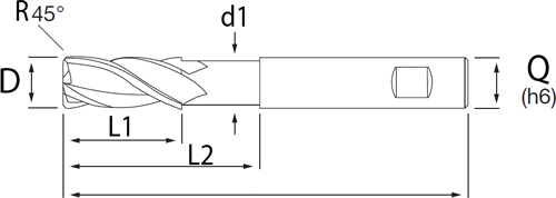 Fraise carbure 4 dents hélice pas variable - cut - schema